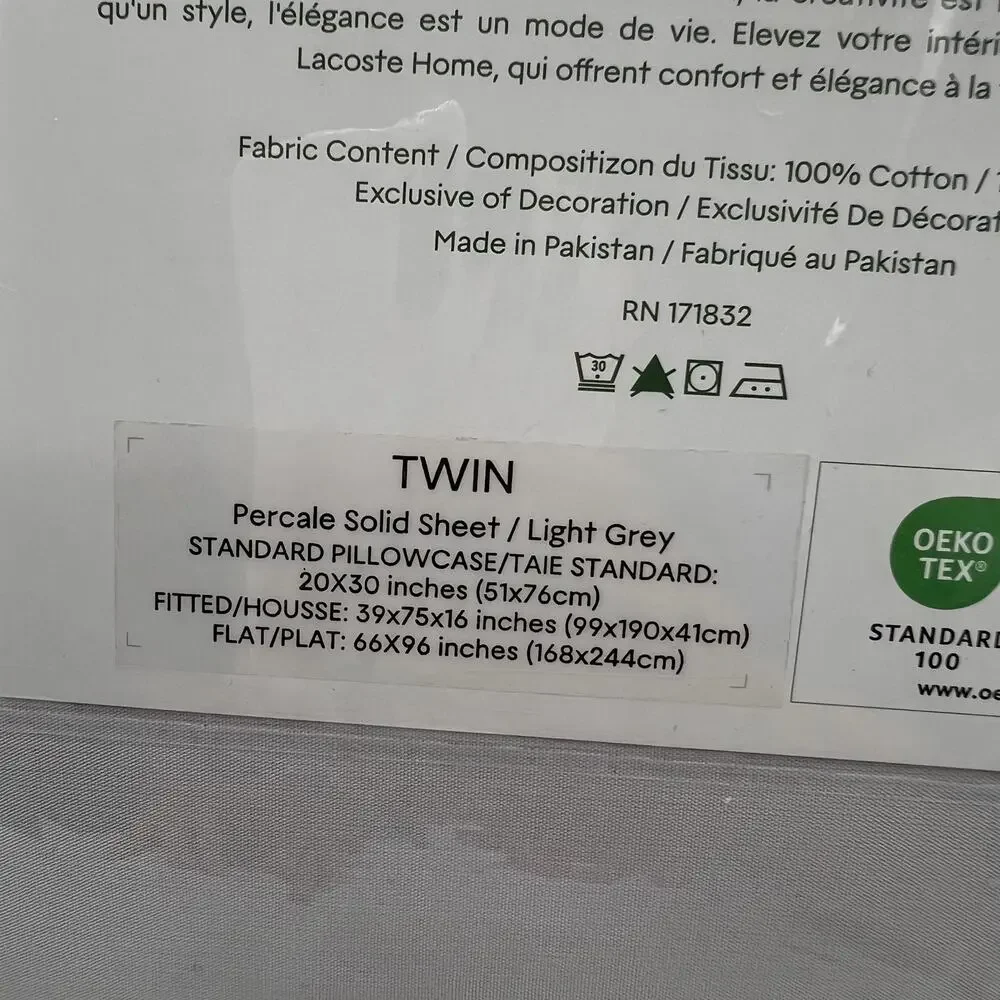 LACOSTE Solid Grey 100% Cotton Percale Twin Sheet Set NWT